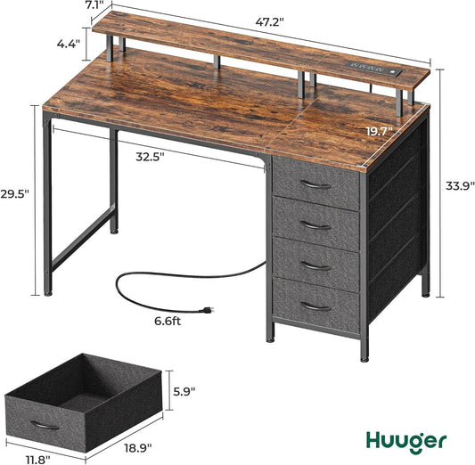 47 Inch Computer Desk with Power Outlets and LED Lights in Rustic Brown - Loft&Timber