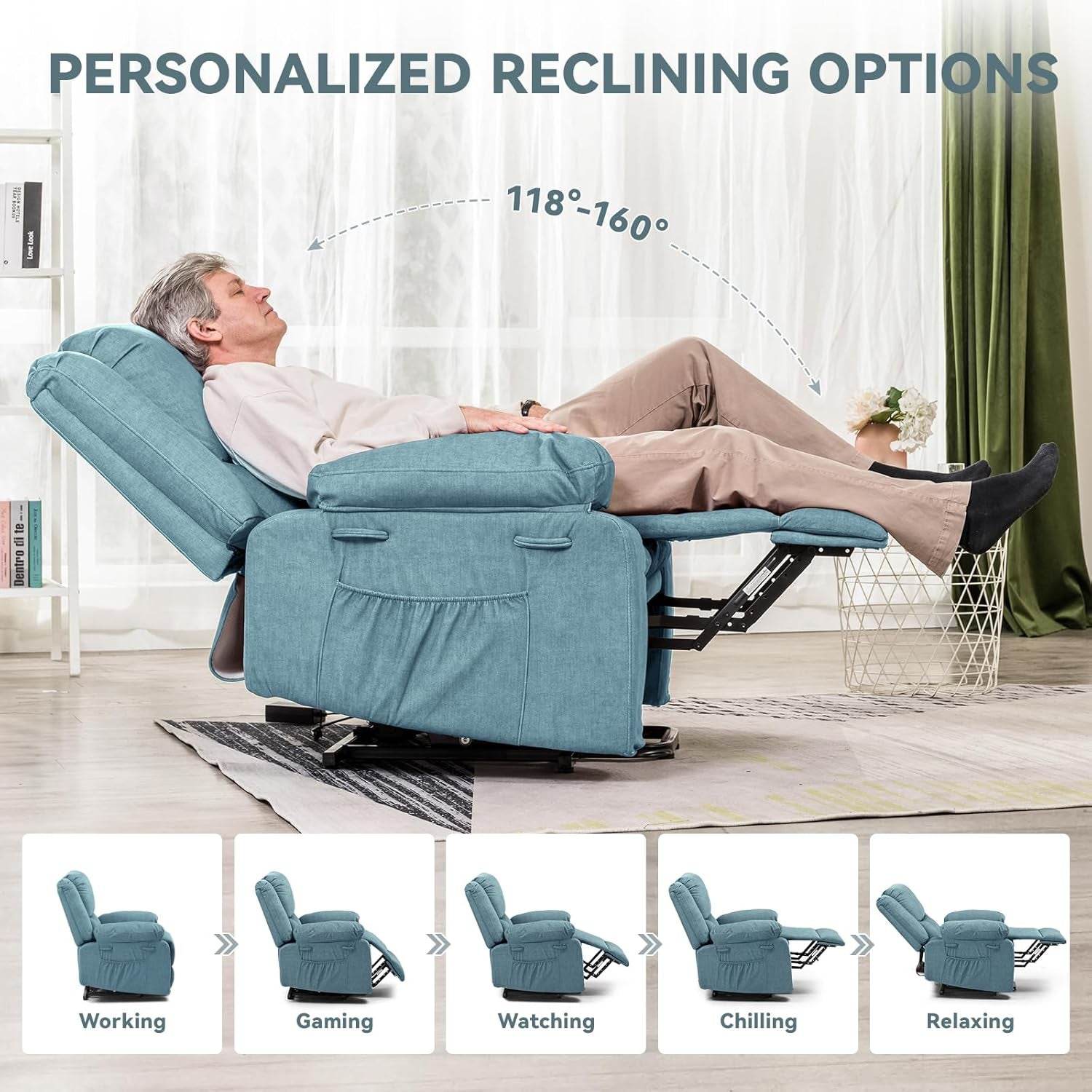 Electric Power Lift Chairs Recliners for Elderly,Recliner Chair with Massage and Heat,2 Side Pockets, Fabric(Blue) - Loft&Timber