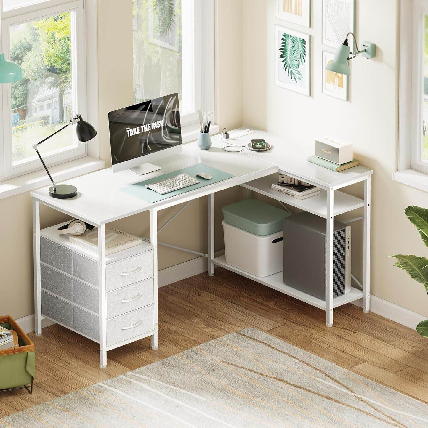 L Shaped Desk with Power Outlets in White - Loft&Timber