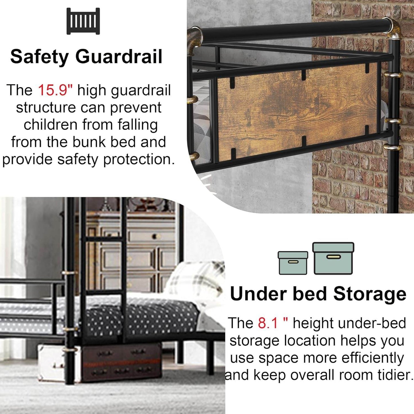 Quad Bunk Bed, Heavy Duty Metal 4 Bunk Beds for Kids with Ladders, Detachable Industrial L-Shaped Bunk Beds, Space Saving Design,Can Be Divided into 3 Twin Beds, Black - Loft&Timber