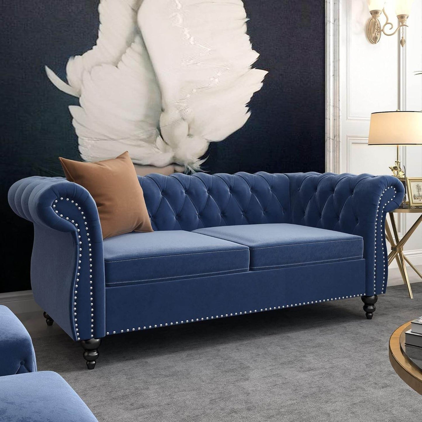 3-Piece Living Room Sectional Sofa Set, Blue Couch Upholstered Sofa Modern Sofa Couches Set Style Button Tufted, Velvet Chesterfield Sofa for Living Room Apartment, 1+2+3 Seat Blue - Loft&Timber