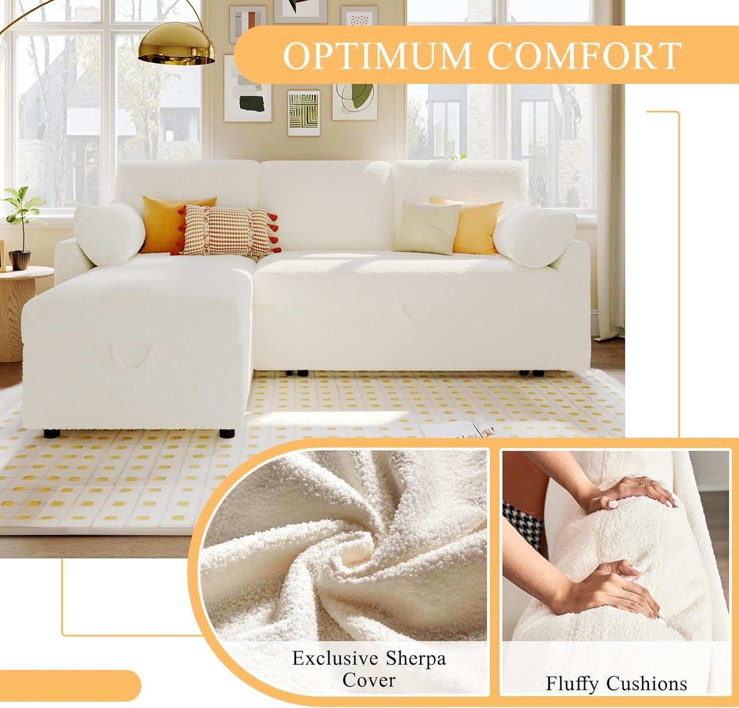 Sleeper Sofa, Sofa Bed- 2 in 1 Pull Out Couch Bed with Storage Chaise for Living Room, Sofa Sleeper with Pull Out Bed, White Boucle Couch-4