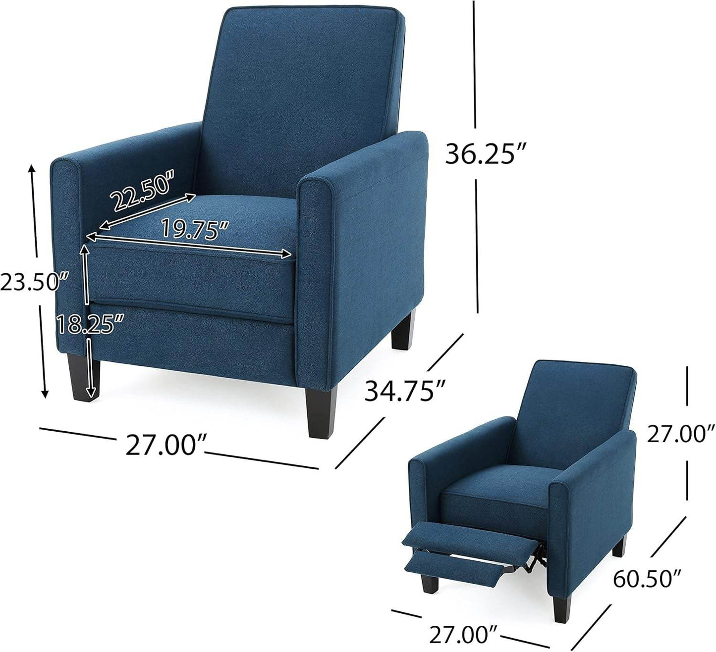 Emmie Fabric Recliner (Set of 2), Navy Blue, Dark Brown - Loft&Timber