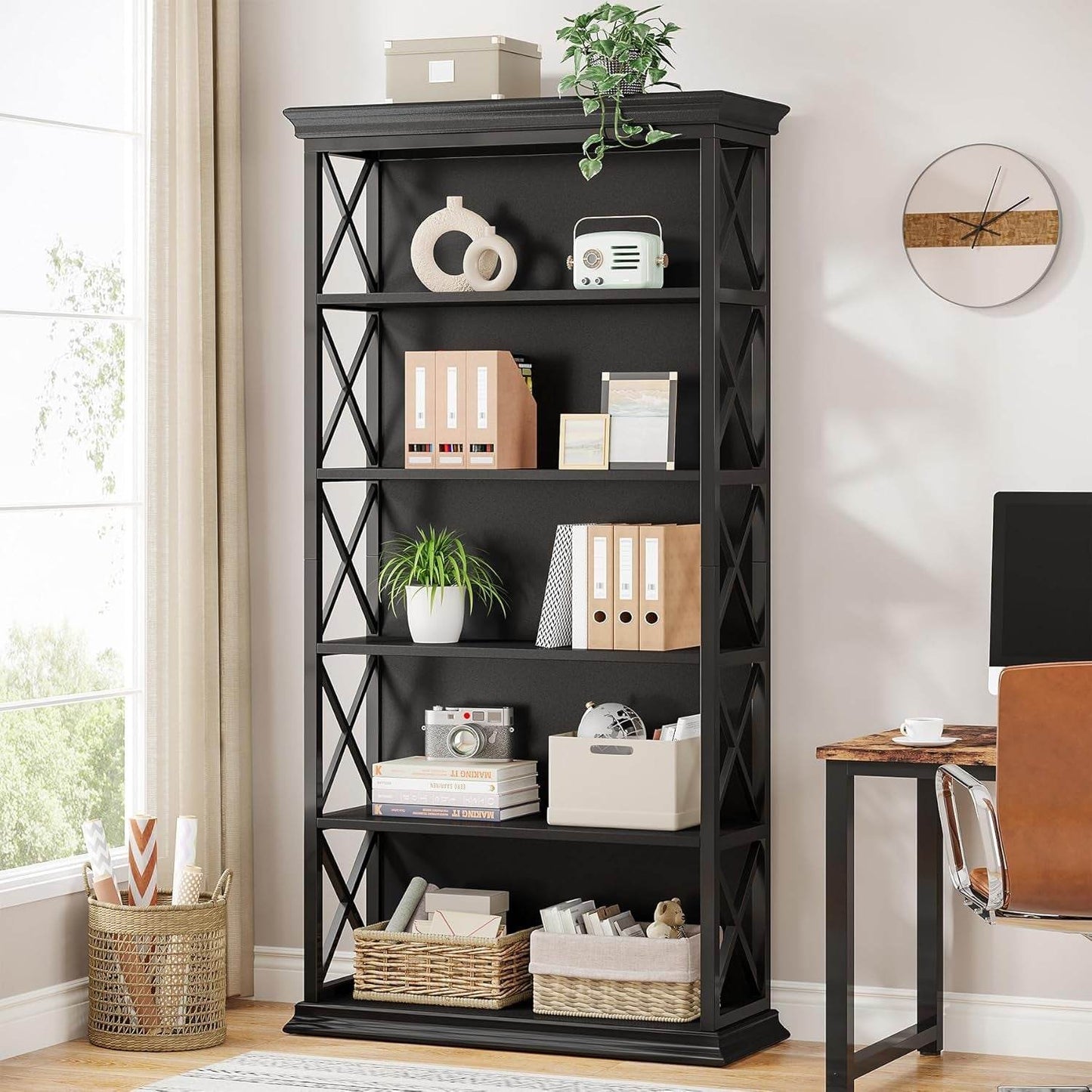 6-Tier Bookcase, 71 Inches Industrial Bookshelve, All Black - Loft&Timber