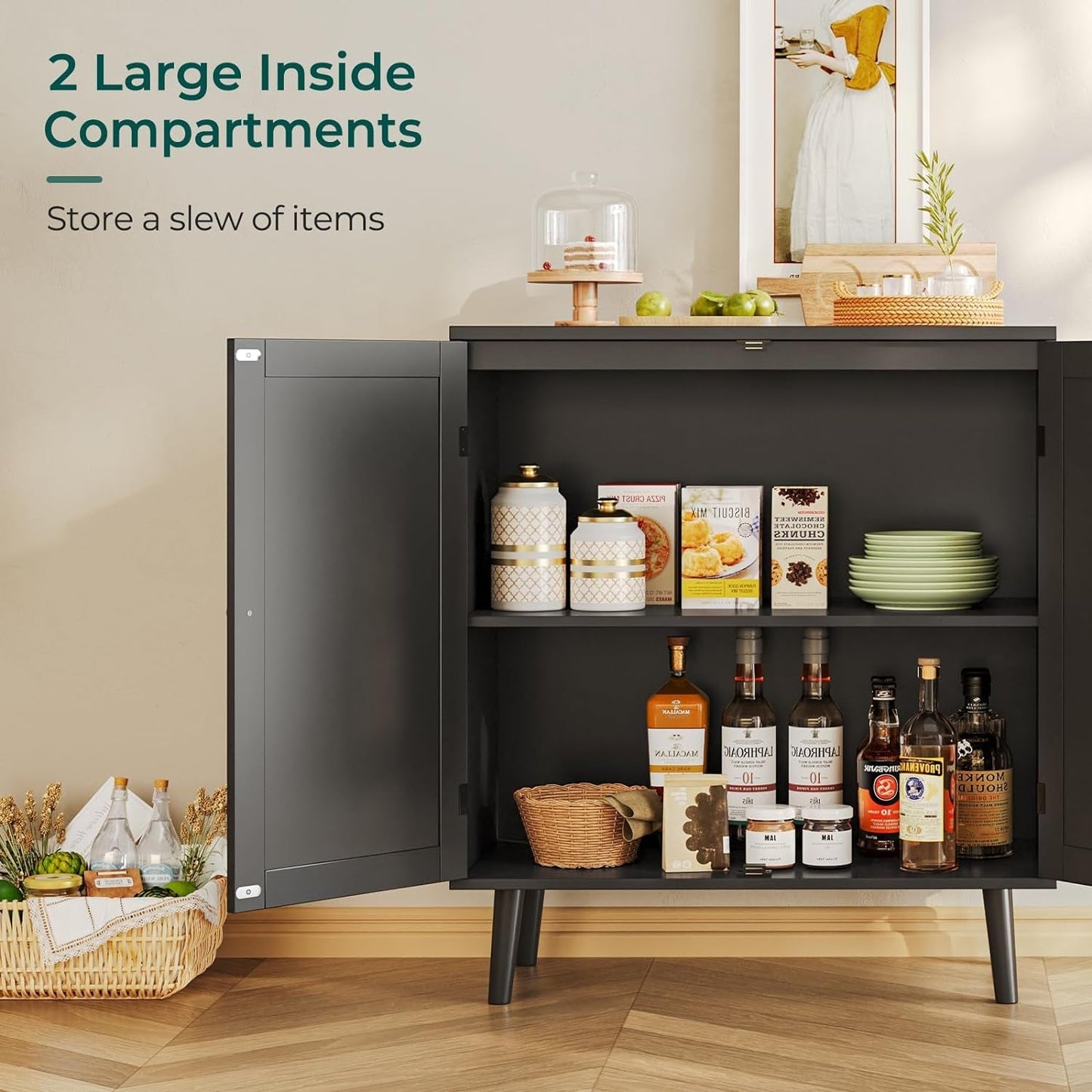 Buffet Cabinet with Storage, Storage Cabinet with Synthetic Rattan Decor Doors, Accent Cabinet with Solid Wood Feet, Sideboard Cabinet for Hallway, Entry, Living Room, Black-4