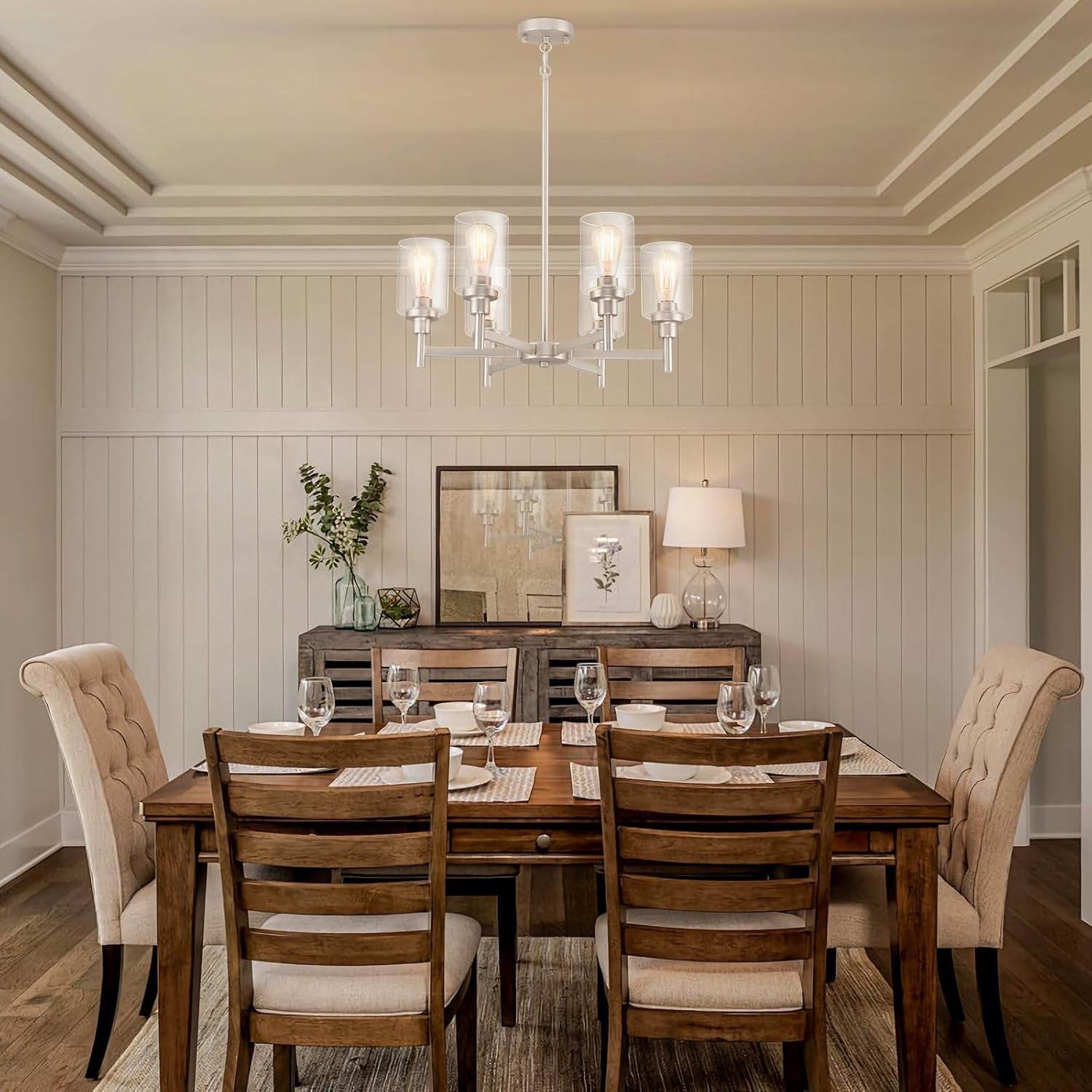 Brushed Nickel Chandeliers for Dining Room Light Fixture over Table, 6 Lights Farmhouse Chandeliers with Clear Glass Shade Chandelier for Living Room Kitchen Entryway Bedroom Bathroom - Loft&Timber