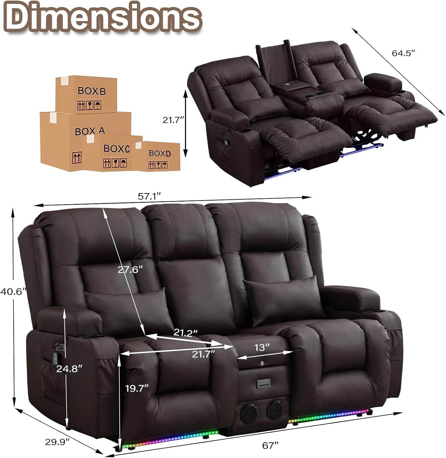 Power Loveseat Recliner Sofa with Massage & Heat (Brown, Loveseat) - Loft&Timber