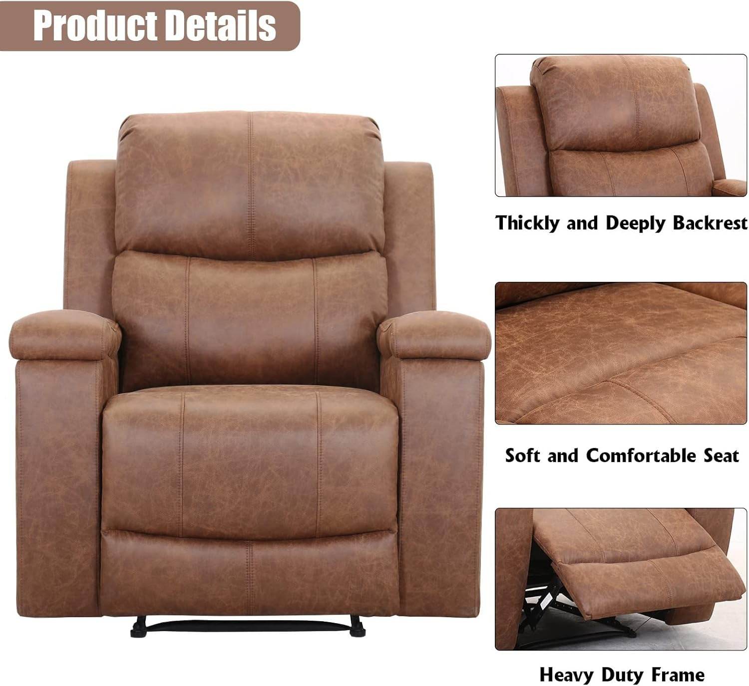 Leather Recliner Chair, Classic and Traditional Manual Recliner Chair with Overstuffed Arms and Back, Manual Single Sofa with Concealed Cup Holders, Brown - Loft&Timber