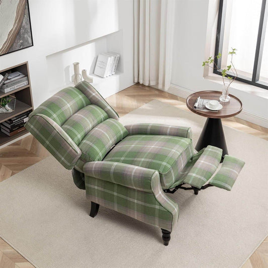 Upholstered Wingback Recliner Chair, Plaid Recliner Chair Armchair Adjustable Footrest Push Back Reclining Sofa, Mid-Century Modern Lounge Armchair for Living Room, Bedroom, Reading -- Green - Loft&Timber