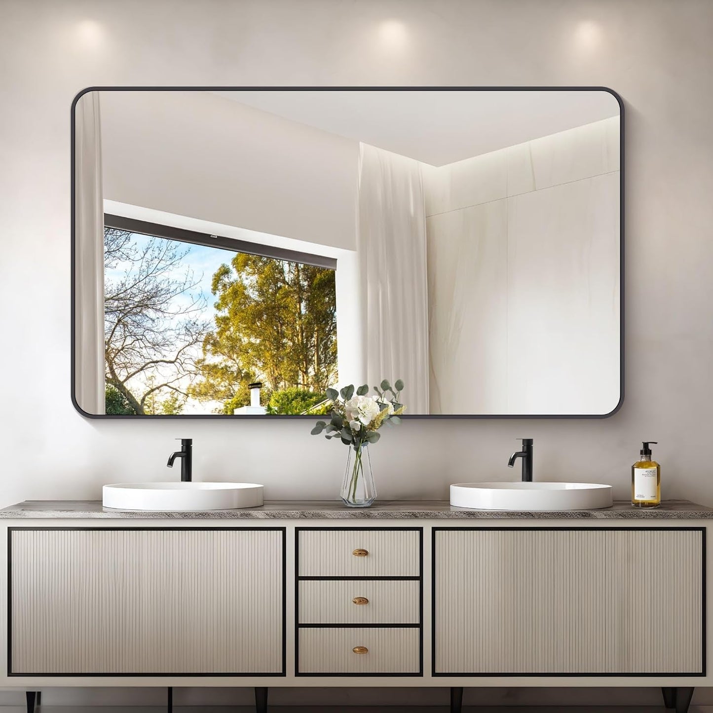 60" X 36"Bathroom Mirror, Matte Black Wall Mirror with Metal Frame, Decorative Rectangular Vanity Mirror for Bedroom Bathroom Living Room Entryway (Horizontal/Vertical)-1