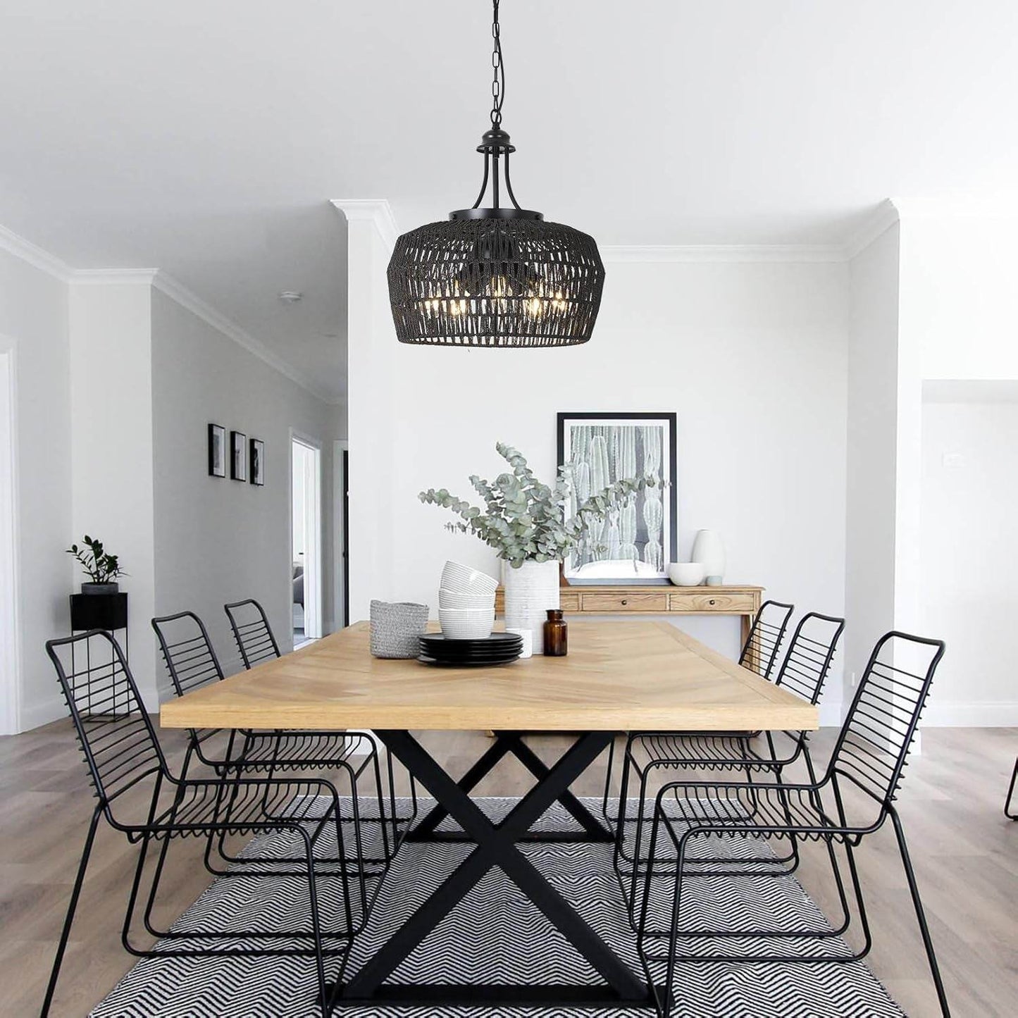 5-Light Black Rattan Chandelier Farmhouse Dining Room - Loft&Timber