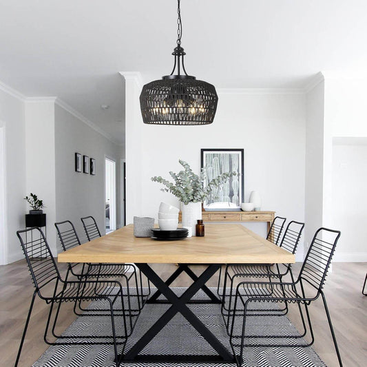 5-Light Black Rattan Chandelier Farmhouse Dining Room - Loft&Timber