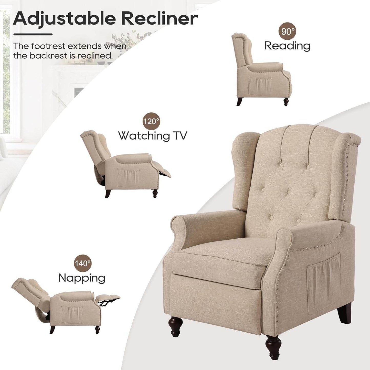 Wingback Recliner Chair with Massage and Heat, Tufted Fabric Push Back Recliner Chair for Living Room, Vintage Recliner Chair with Remote Control, Padded Cushion, Backrest, Wooden Legs - Loft&Timber