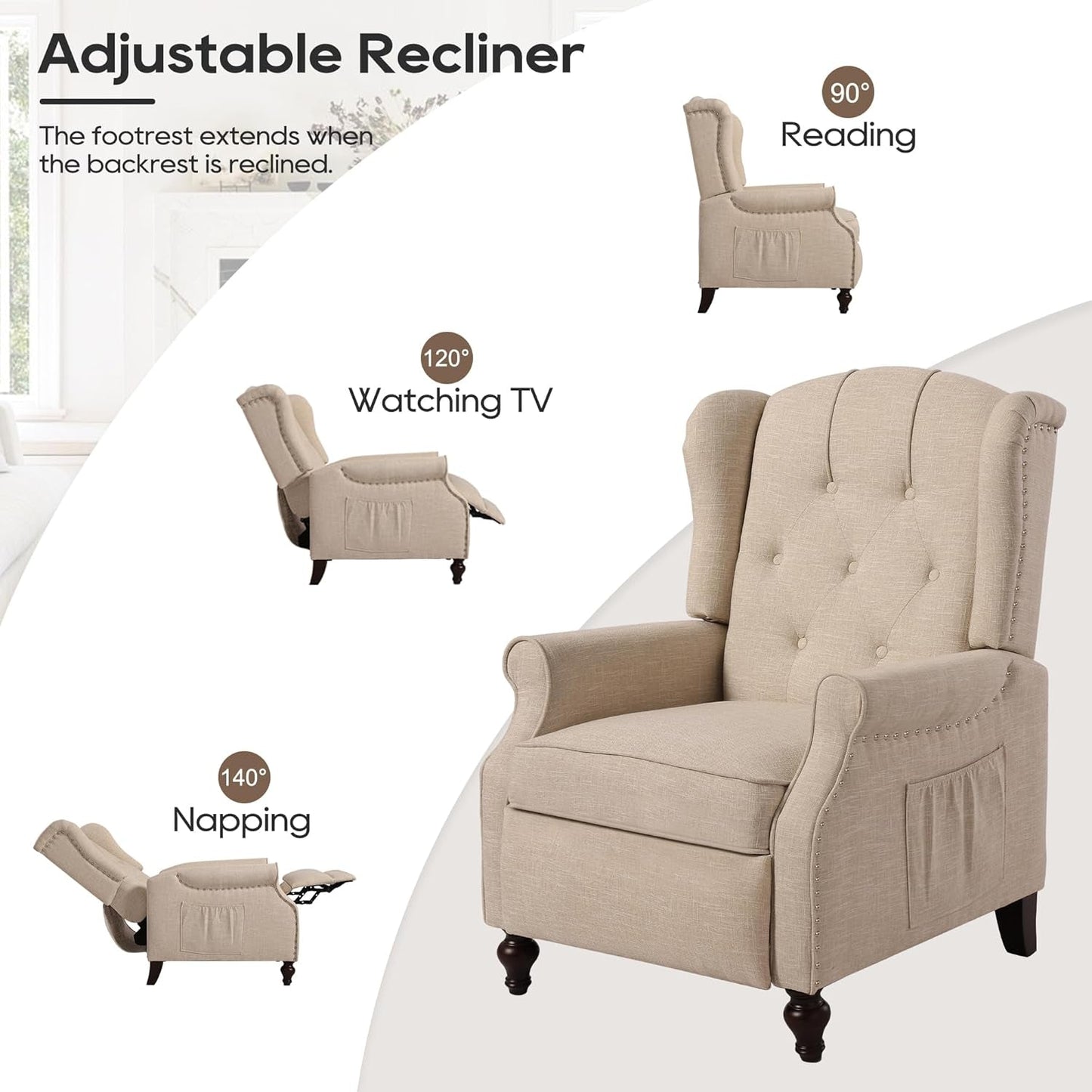 Wingback Recliner Chair with Massage and Heat, Tufted Fabric Push Back Recliner Chair for Living Room, Vintage Wingback Chair with Remote Control, Padded Cushion, Backrest, Wooden Legs-3