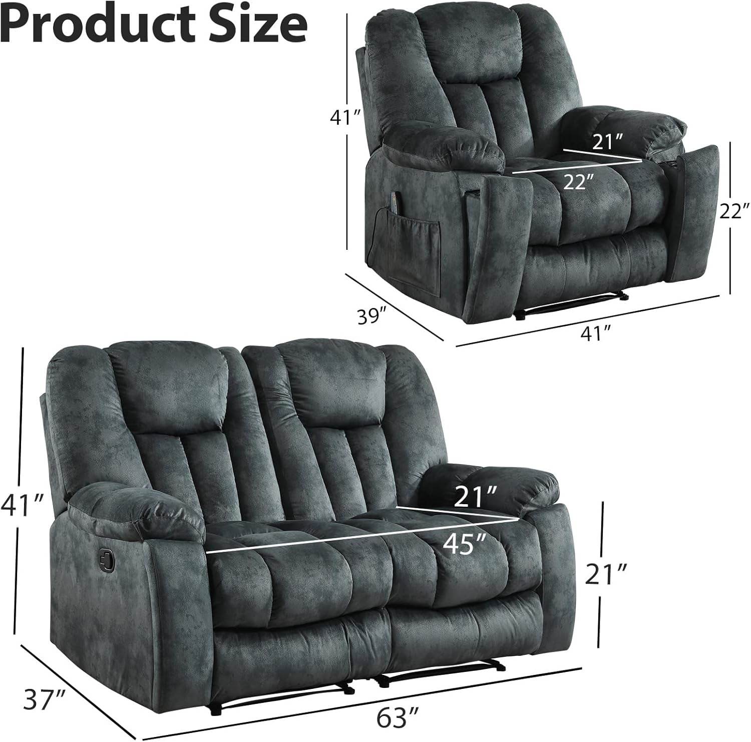 Reclining Living Room Set, Soft Fabric Manual 2 Piece Recliner Sofa Set, Included Recliner Chair with Massage and Heat and Loveseat Daul Recliner, Green Grey(Recliner+Loveseat) - Loft&Timber
