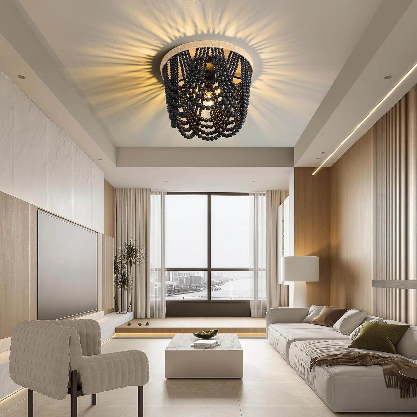 Bohemian Lighting Bohemian Chandelier Handmade Beaded Chandelier Vintage Hemp Rope Woven Ceiling Lighting 3 Lights Wood Bead Chandelier Nursery Lighting Bedroom Ceiling Light (Black) - Loft&Timber