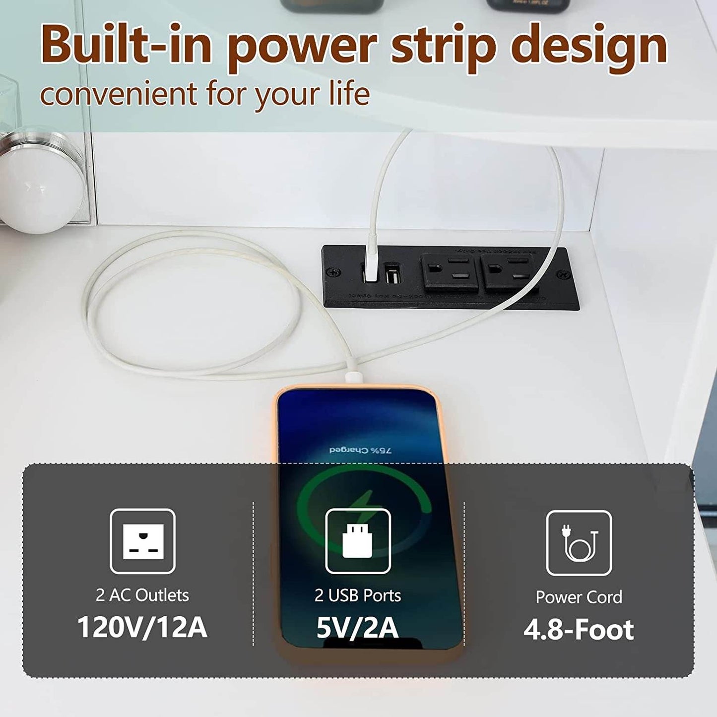 Large Vanity Set with Lighted Mirror, Charging Station (White) - Loft&Timber