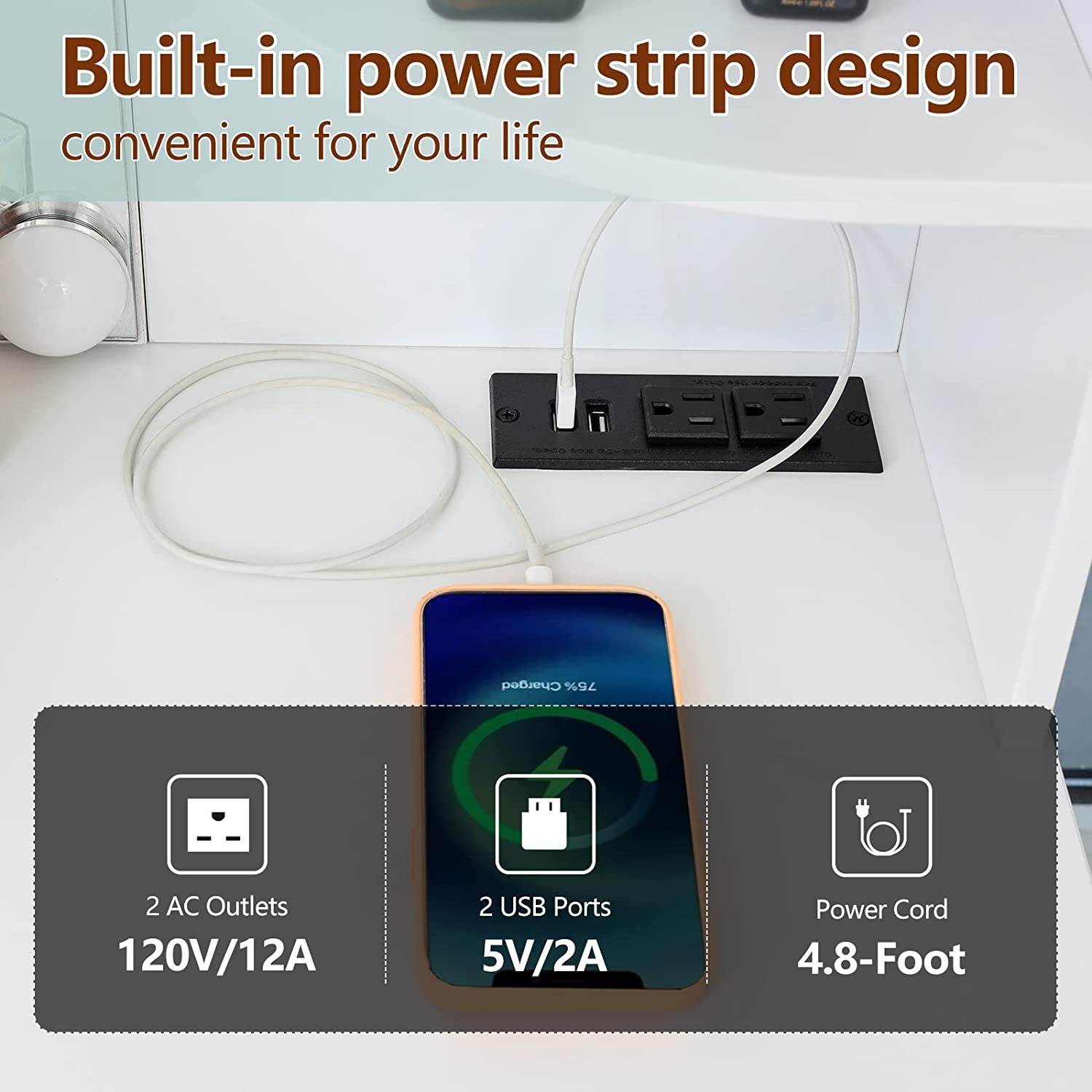 Large Vanity Set with Lighted Mirror, Charging Station (White) - Loft&Timber