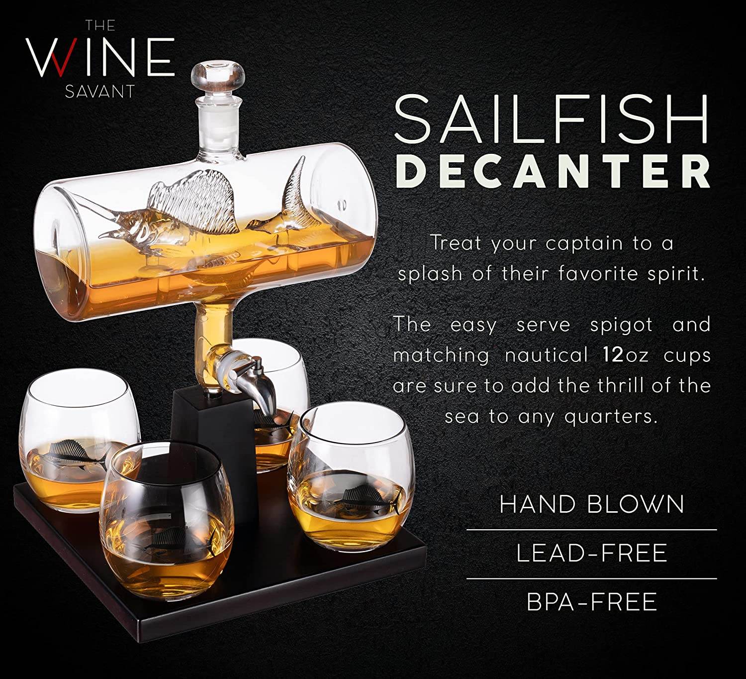 Swordfish & Sailfish Wine &Whiskey Decanter Dispenser and 4 Liquor Glasses - Fishing & Boat Decanter & Glass Set - Fishing Gifts for Men Bourbon & Scotch Decanter for Alcohol - Fisherman Gifts for Dad - Loft&Timber