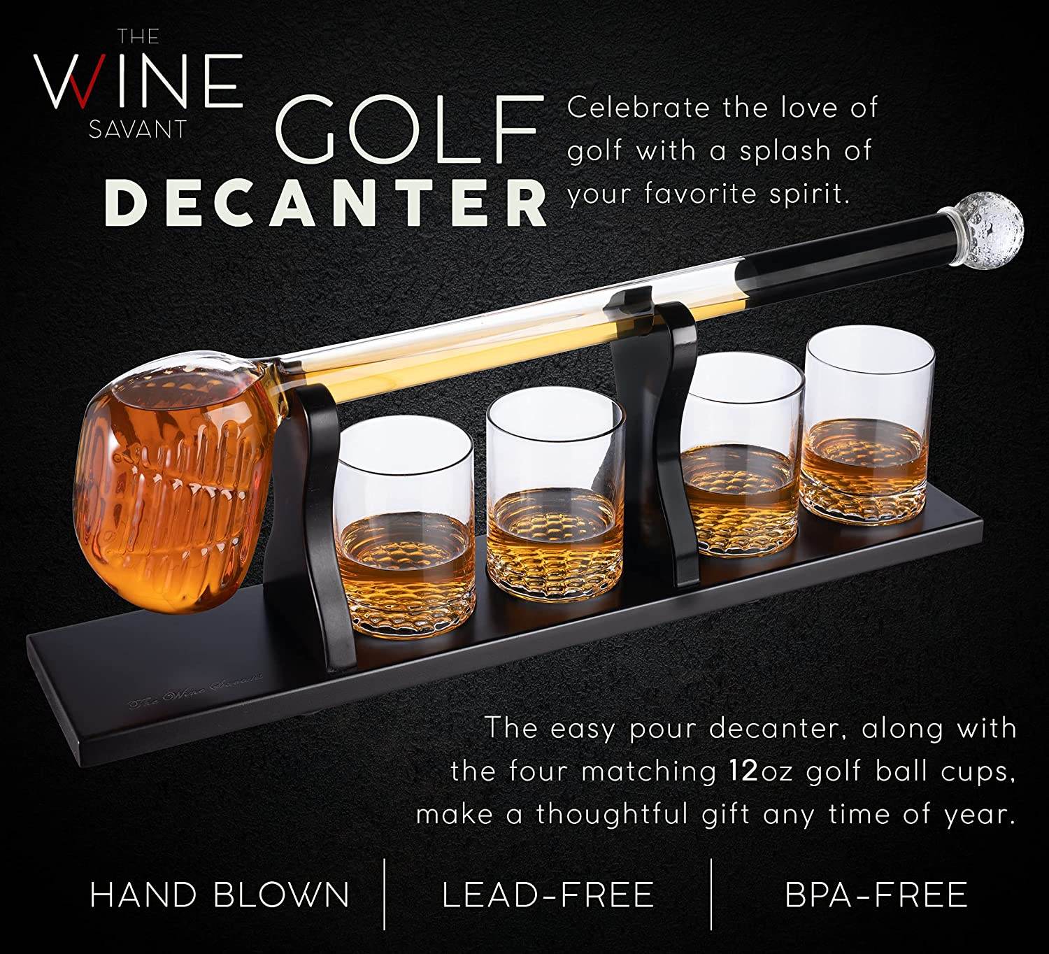 Golf Whiskey Decanter and 4 Liquor Glasses - Decanter & Glass Set - Golf Stick Gifts for Men - Unique Whiskey Decanter Set - Bourbon & Scotch Decanter for Serving Alcohol - Golfer Gifts for Dad - Loft&Timber