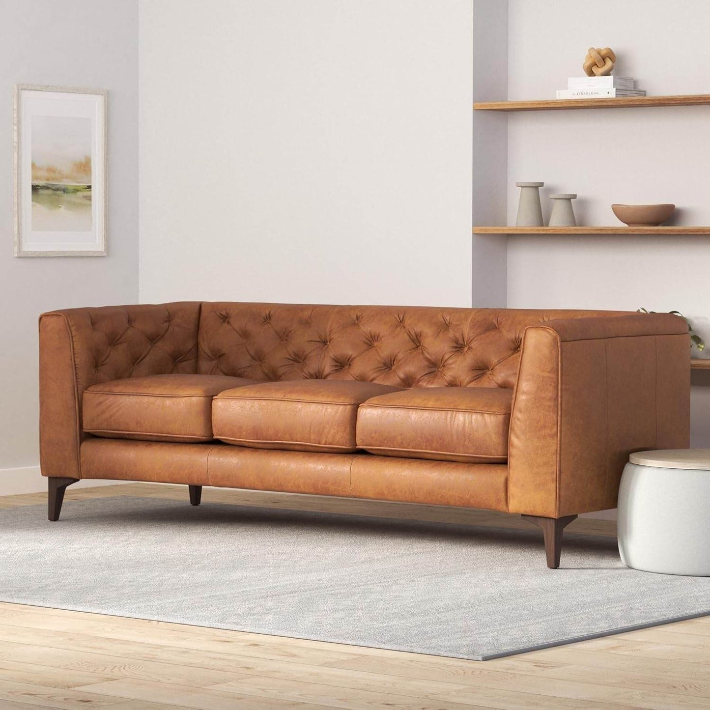 Cognac Tan Leather Sofa with Tufted Back Design - Loft&Timber