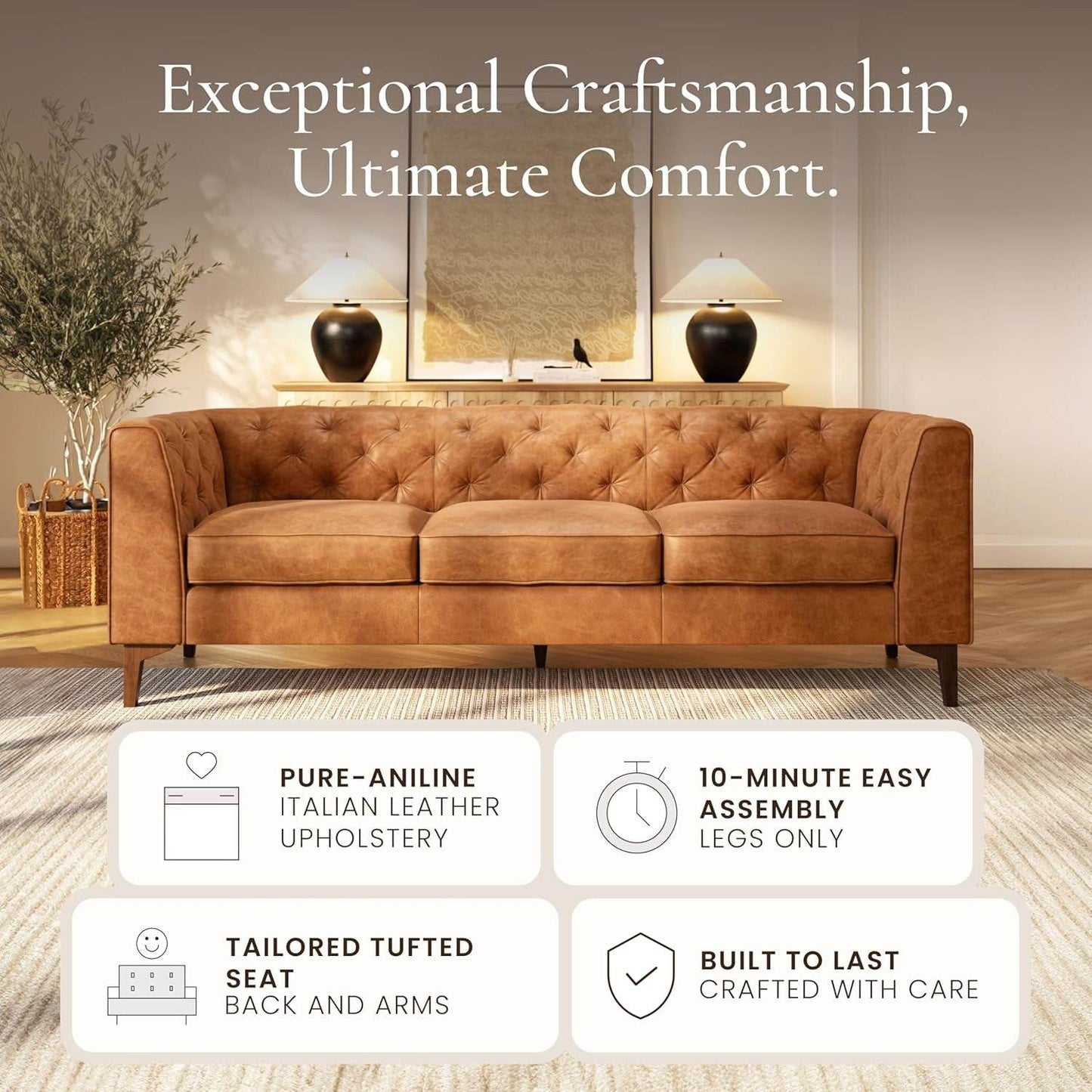 Cognac Tan Leather Sofa with Tufted Back Design - Loft&Timber