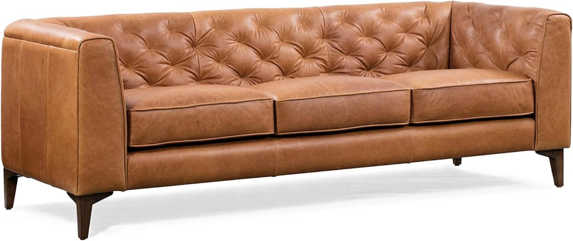 Cognac Tan Leather Sofa with Tufted Back Design - Loft&Timber