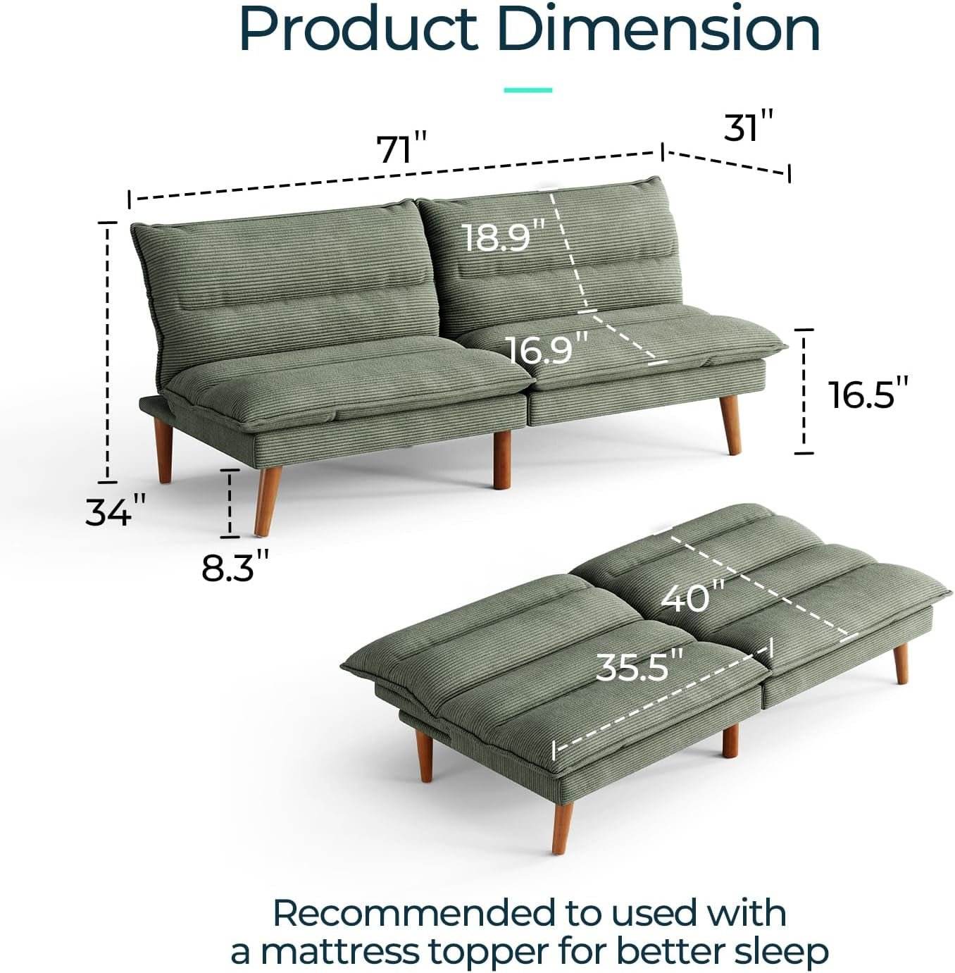 Comfortable Green Futon Sofa Bed with Adjustable Backrest - Loft&Timber