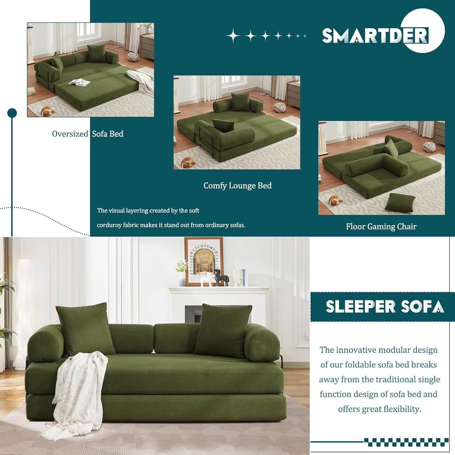 Convertible Folding Sofa Bed with Removable Backrest - Loft&Timber