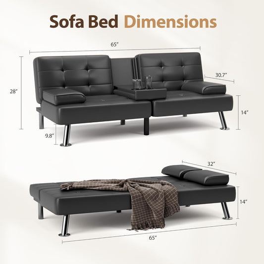 Convertible Futon Sofa Bed with Adjustable Backrest and Cup Holders-1