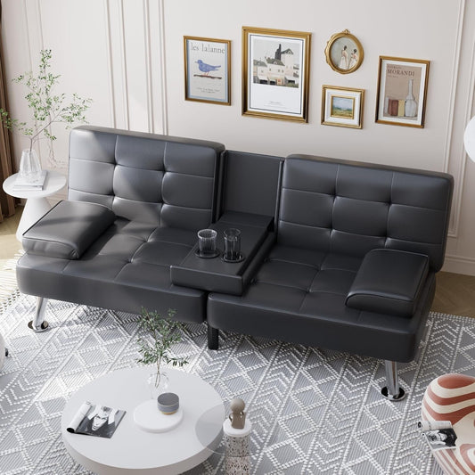 Convertible Futon Sofa Bed with Adjustable Backrest and Cup Holders-0