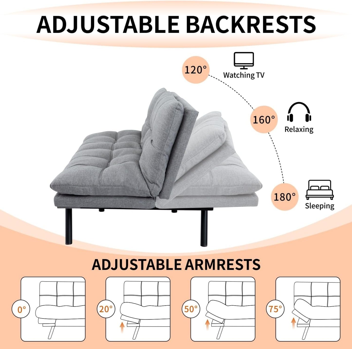 Convertible Futon Sofa Bed with Adjustable Backrest Comfort-2
