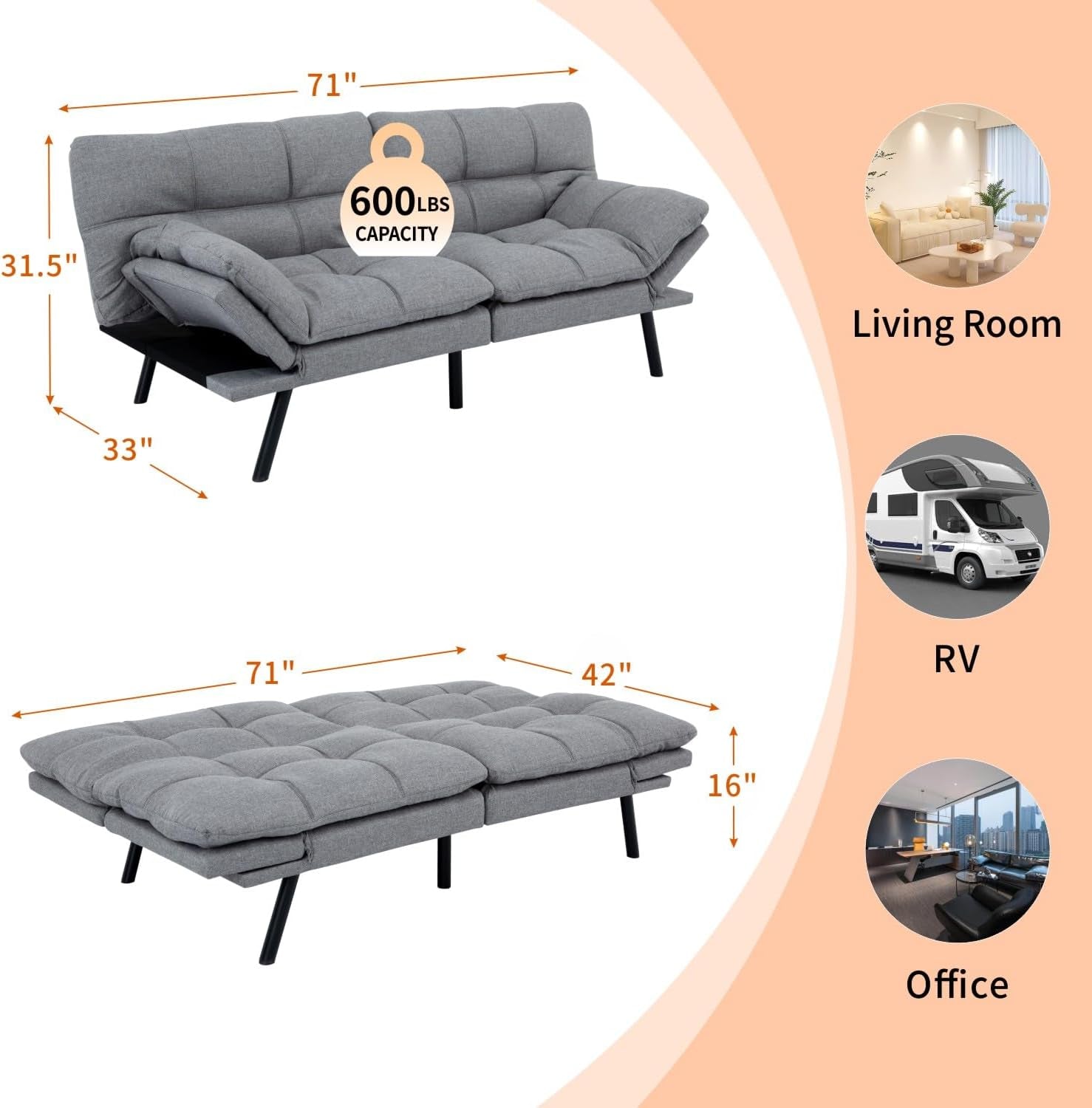 Convertible Futon Sofa Bed with Adjustable Backrest Comfort-1