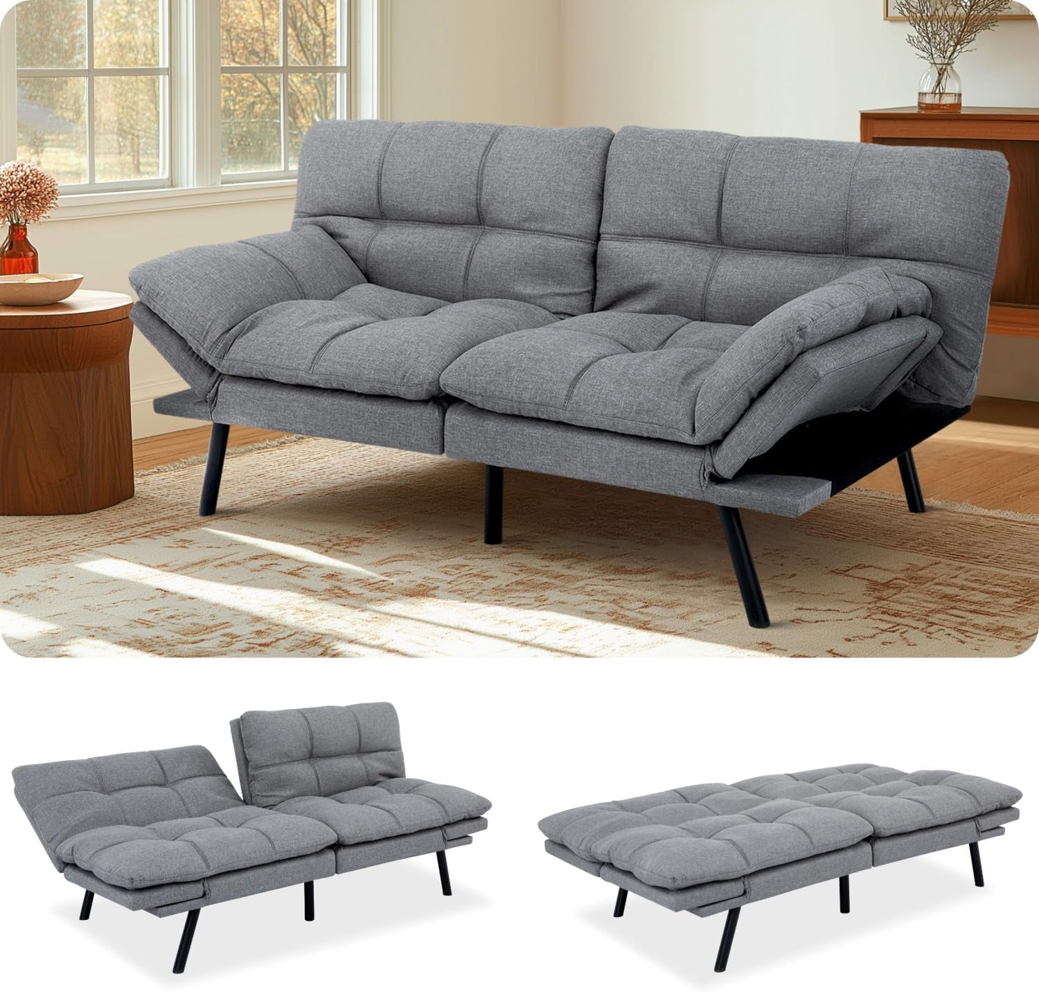 Convertible Futon Sofa Bed with Adjustable Backrest Comfort-3