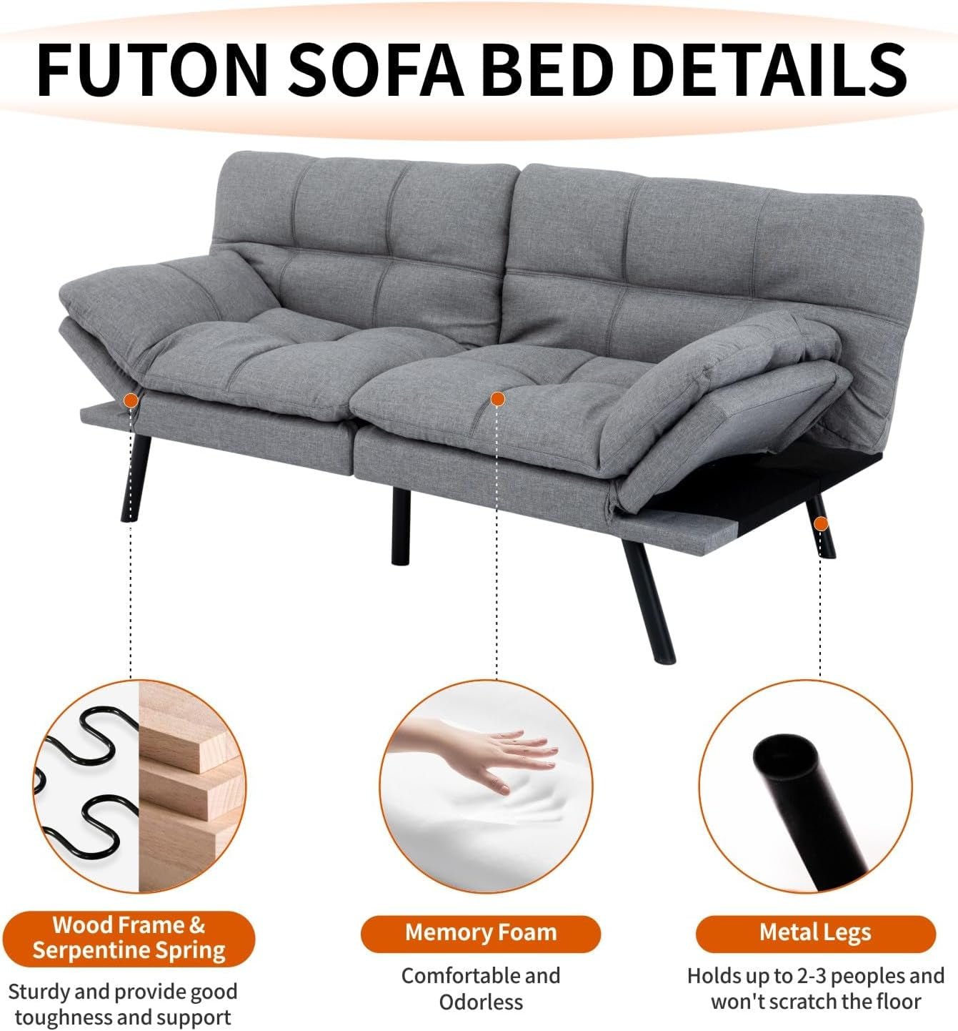 Convertible Futon Sofa Bed with Adjustable Backrest Comfort-4