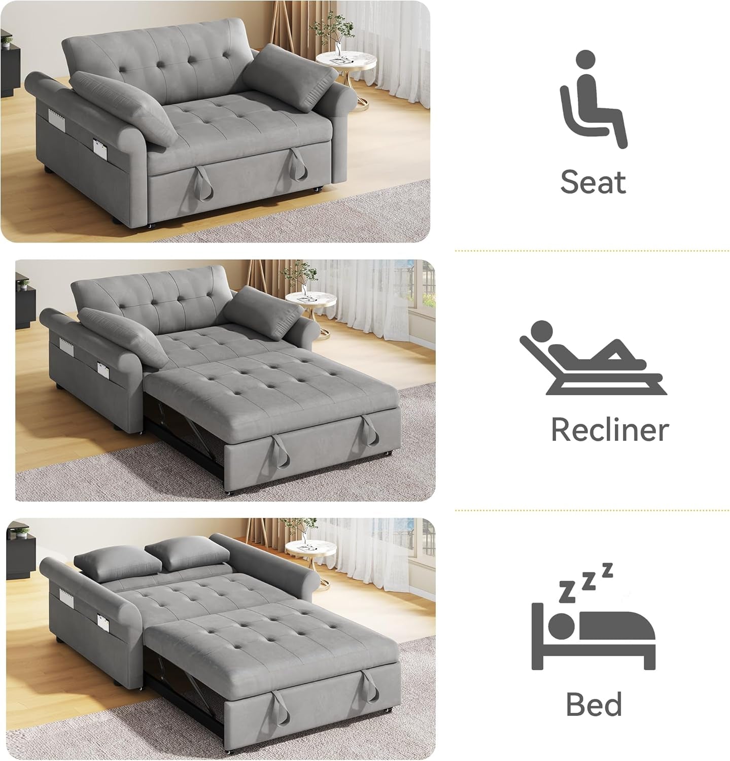 Convertible Sleeper Sofa Bed with Adjustable Backrest and Pillows-3