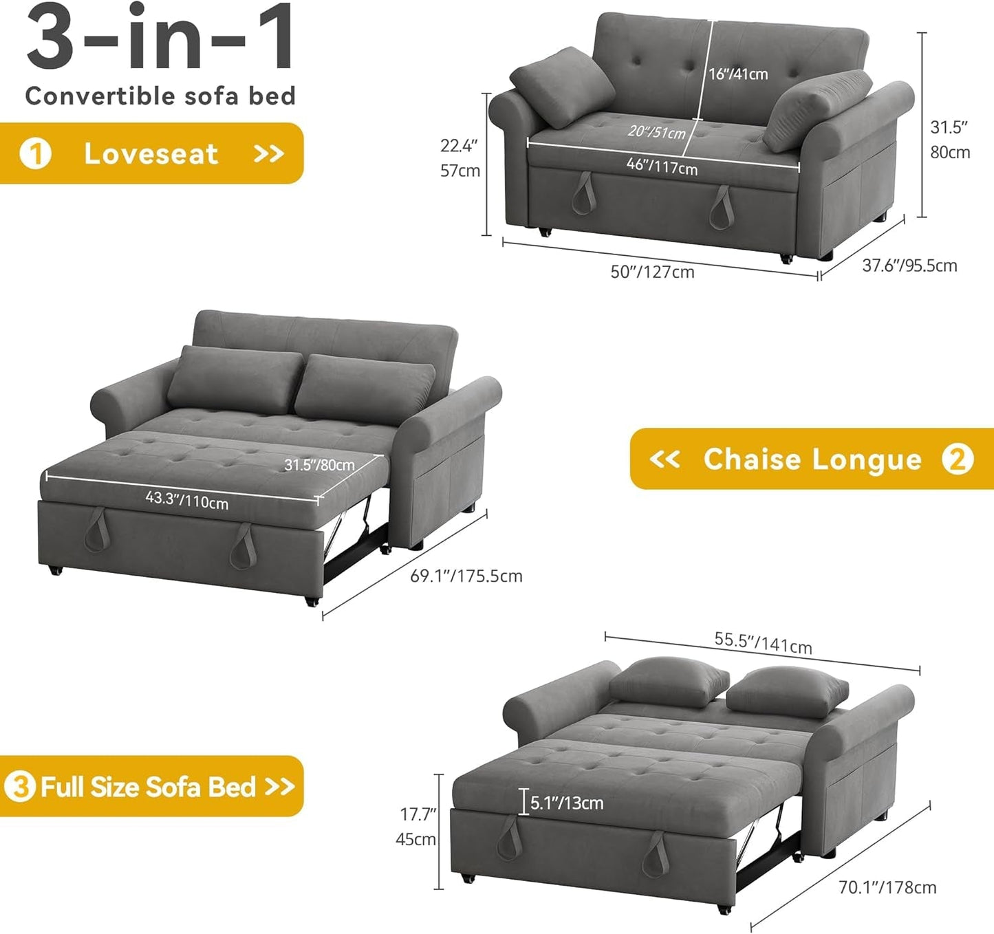 Convertible Sleeper Sofa Bed with Adjustable Backrest and Pillows-1