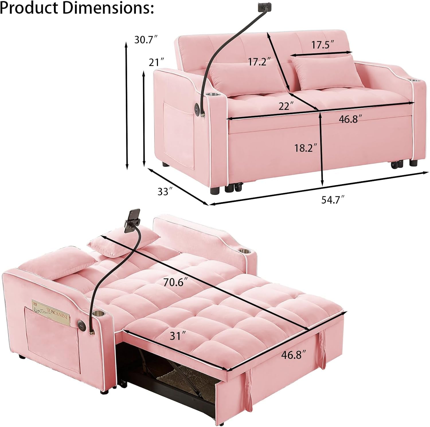 Convertible Sleeper Sofa Bed with USB Ports and Cup Holder-1