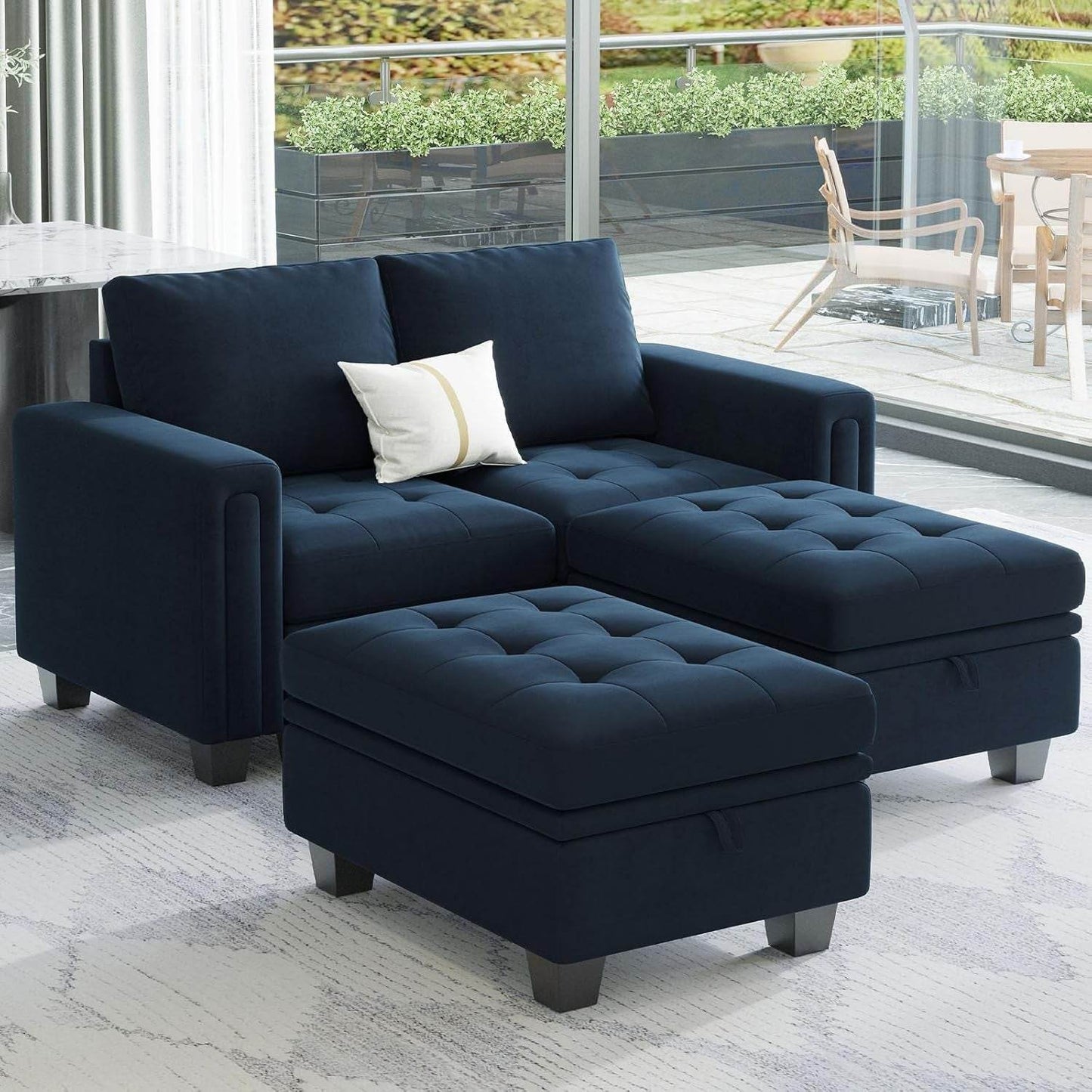 Velvet Modular Sectional Sofa Couch with Storage Convertible Sectional Sleeper Sofa Couch Bed Set with Reversible Chaise Blue - Loft&Timber