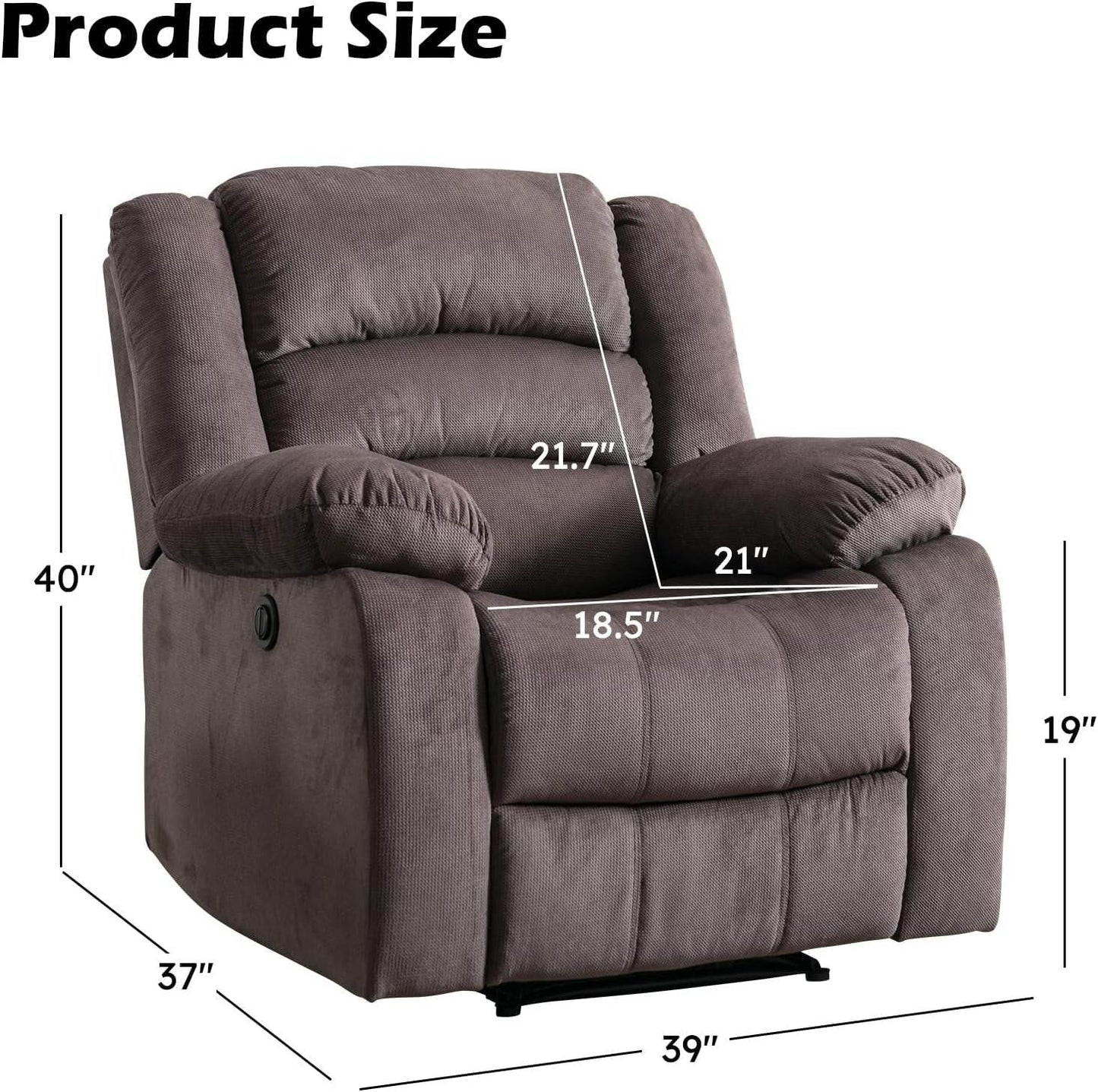 Classic Power Recliner Chair, Oversized Electric Reclining Chair with Overstuffed Cushion and Back, Soft Fabric Adults Single Recliner Sofa for Living Room, Brown - Loft&Timber