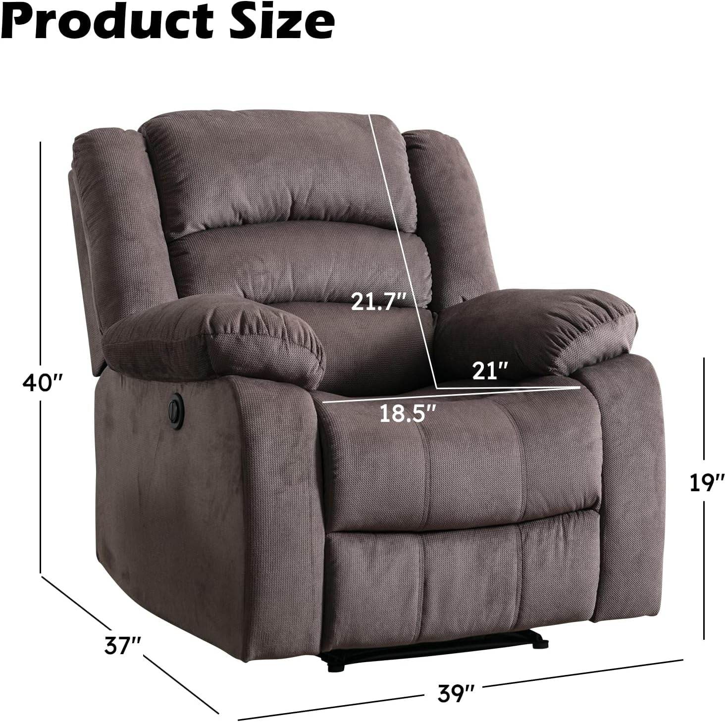 Classic Power Recliner Chair, Oversized Electric Reclining Chair with Overstuffed Cushion and Back, Soft Fabric Adults Single Recliner Sofa for Living Room, Brown - Loft&Timber