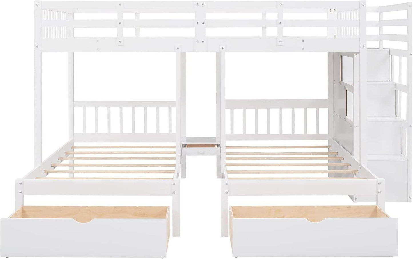 Triple Bunk Beds with Drawers, Wood Full over Twin & Twin Bunk Bed with Storage Staircase, Triple Bed for Kids,3 Bed Bunk Beds with Storage for Girls Boys,White - Loft&Timber