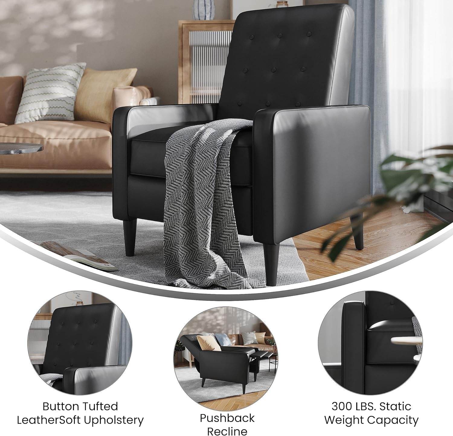 Ezra Pushback Recliner - Mid-Century Modern Black Leathersoft Upholstery - Loft&Timber