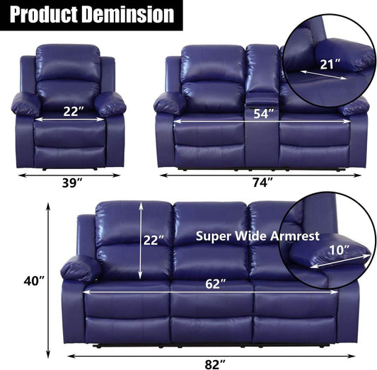 Blue Leather Reclining Sofa Set Faux Leather - Loft&Timber