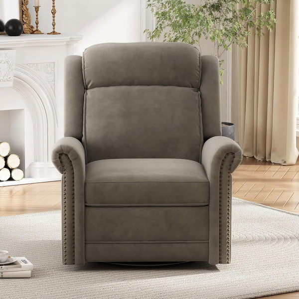 Light Brown Velvet Swivel Rocker Recliner Nailhead-0