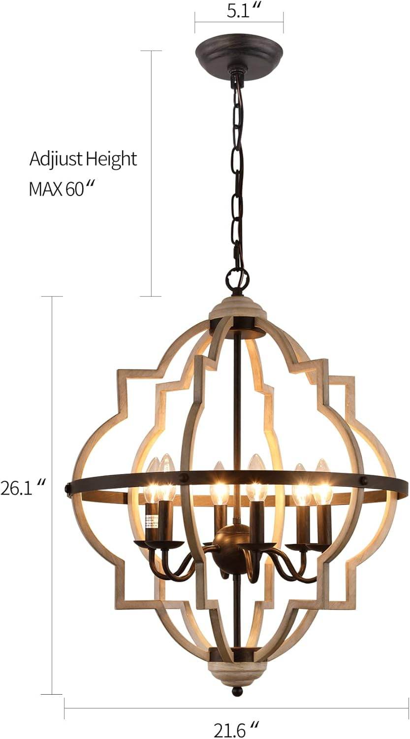 Rustic Antique Orb Chandelier Farmhouse Vintage 6-Lights Oak White Hanging Ceiling Light Fixtures for Foyer Dining Room Kitchen Living Room - Loft&Timber