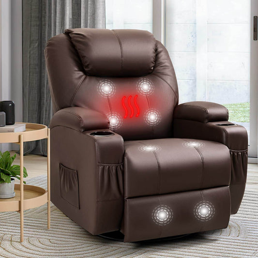 PU Leather Recliner Chair with Massage and Heat (Brown) - Loft&Timber