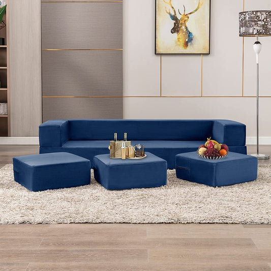 Blue Velvet Futon Sofa Bed with Ottomans-0