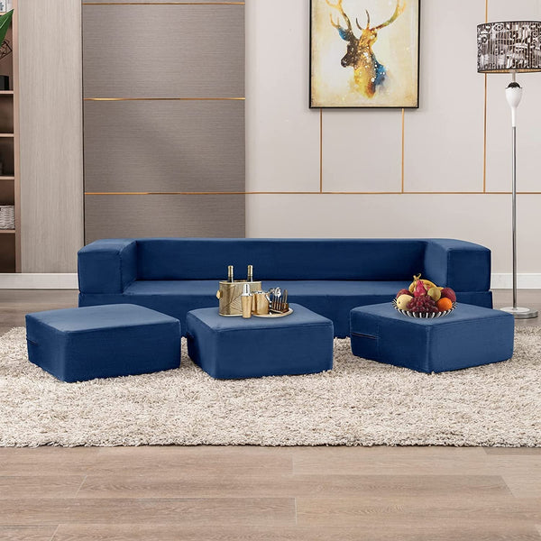 Blue Velvet Futon Sofa Bed with Ottomans-0