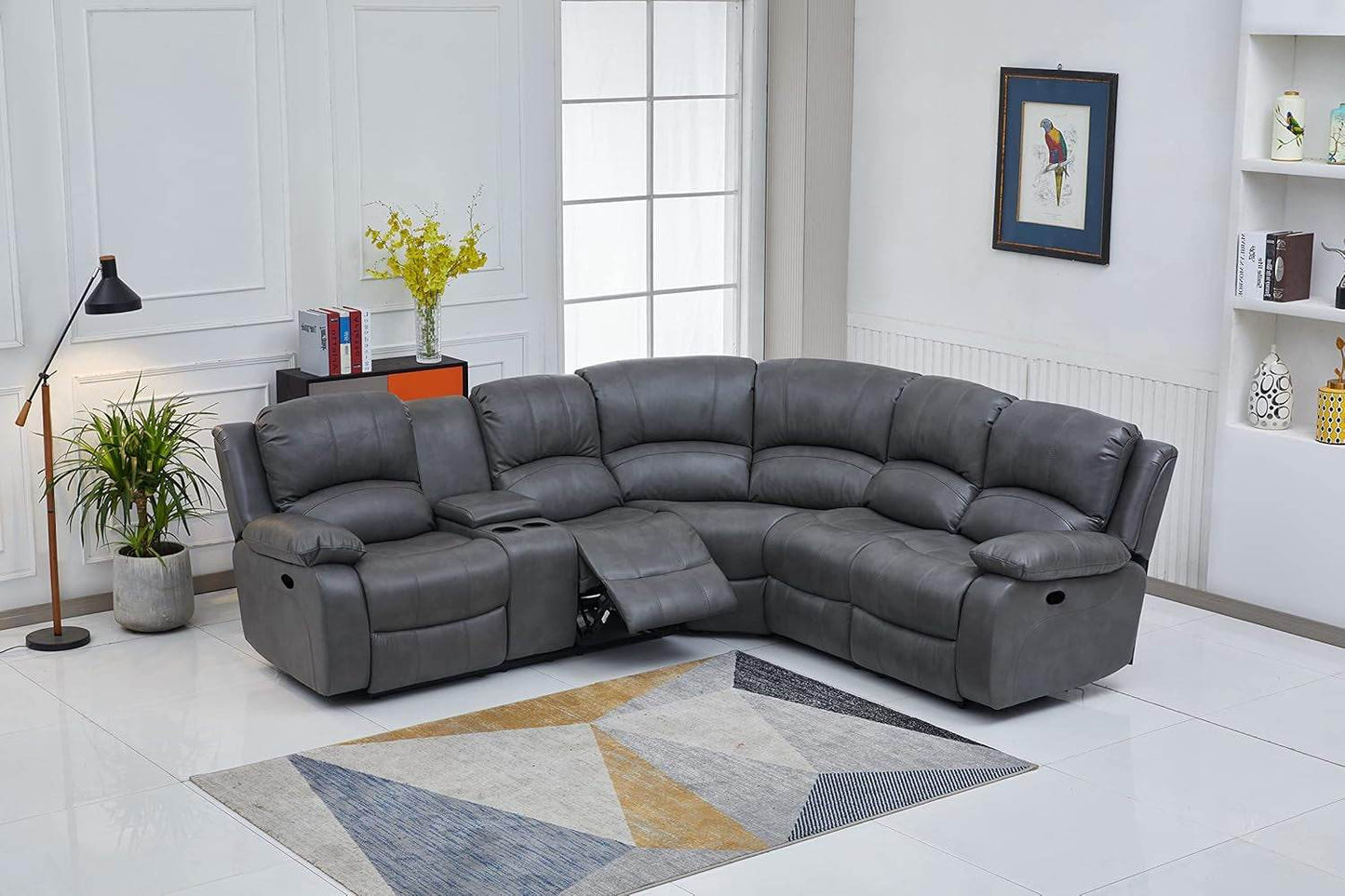 Bonded Leather Sectional Sofa 3 Recliners, Gray - Loft&Timber